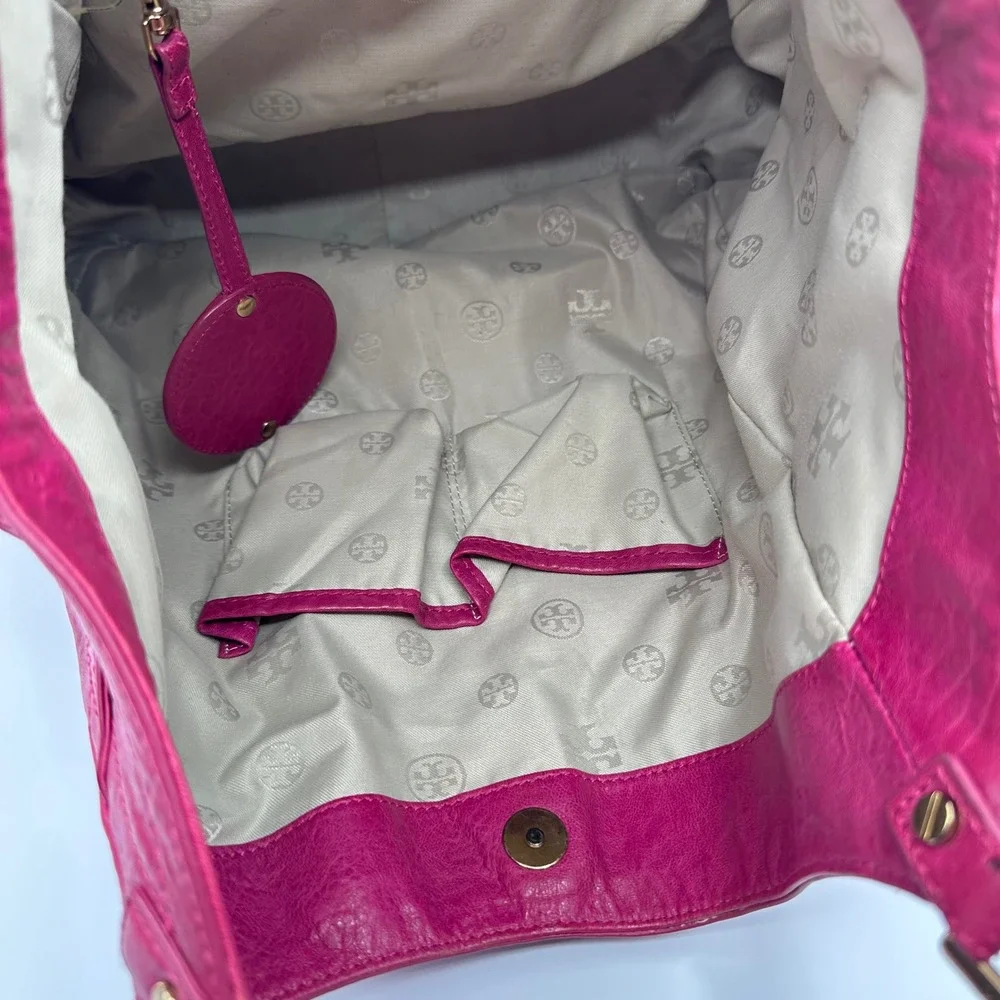Tory Burch Magenta Leather‎ Tote Shoulder Bag Gold Logo Accent Chic